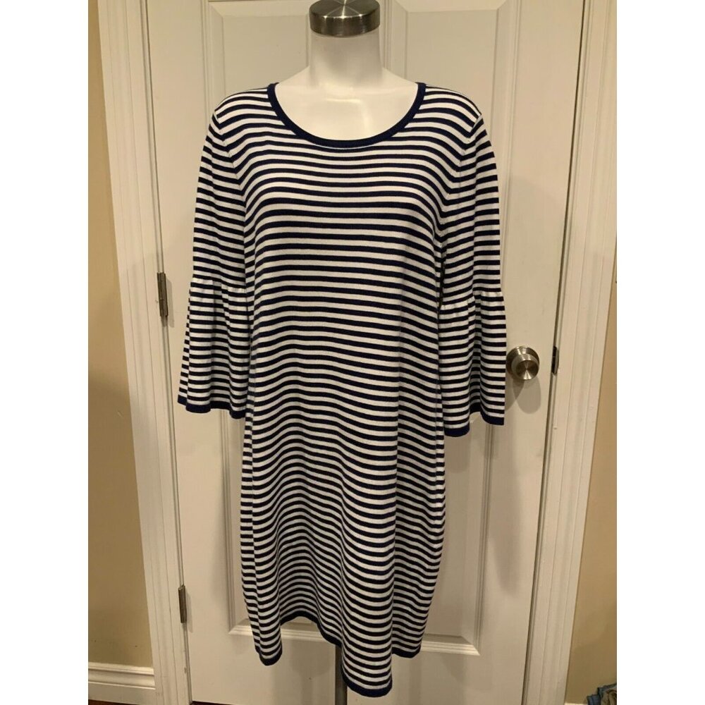 Sail to Sable Blue & White Striped Flared Sleeve Shift Dress, Size XL
